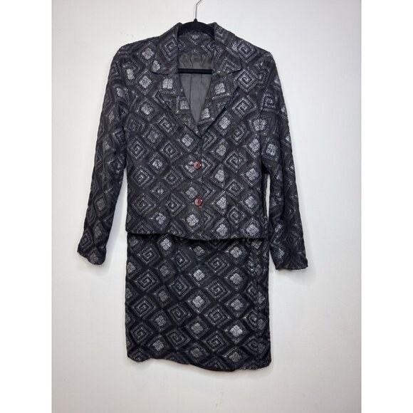 Jeff Gallano Black Gray Skirt Suit Geometric Jacket Skirt France T2 Medium MINT - Picture 1 of 16